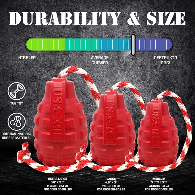 SodaPup USA-K9 Grenade – Durable Dog Tug Toy, Chew Toy & Treat Dispenser Made in USA from Non-Toxic, Pet-Safe, Food Safe Natural Rubber Material for Mental & Physical Stimulation, Bonding, & More