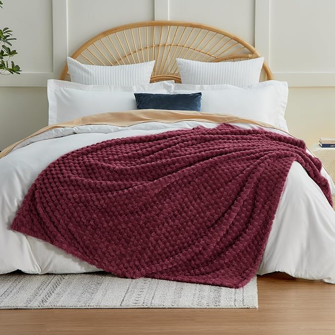 EXQ Home Gentle Soft Fleece Throw Blanket – Cozy Lightweight 3D Imitation Turtle Shell Jacquard Blanket for Couch Bed – All-Season Warm Fuzzy Flannel Blanket for Women Mom Her Gifts(50"x60",Burgundy)