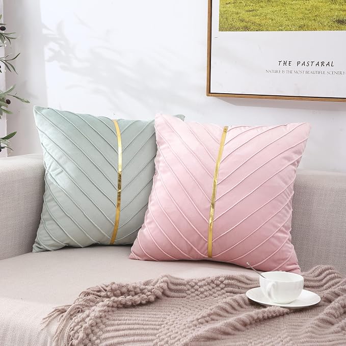 Velvet Throw Pillow Covers 16x16 Pack of 2 Gold Decor Mint Green | Soft Solid Pillow Covers,Modern Luxury Home Decor,for Couch Chair Sofa Bedroom Livingroom,Hidden Zipper,Ideal Gift,Easy Care