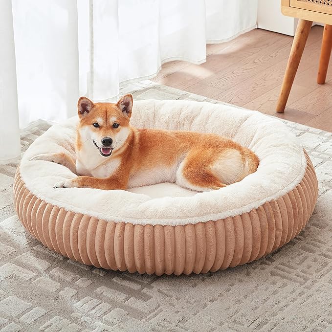 33 inches Calming Donut Dog Bed for Medium Plus Dogs,Mocha | Round Pet Bed with Removable&Washable Cover,Milk Plush Faux Fur, Fits Pets up to 50 lbs