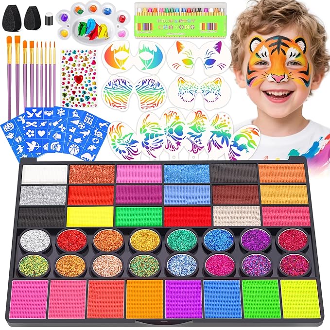 Face Painting Kit for Kids - 42 Colors Washable Face Paint Professional Face Paint Kit, with Brushes, Stencils, Palette, Gems, Crayon, Non-Toxic Body Makeup for Kids (Face Painting Kit)