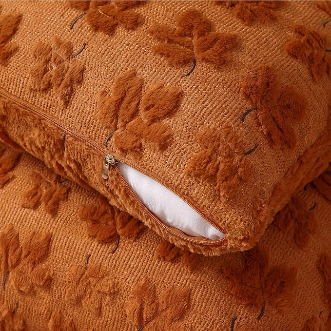Fall Throw Pillow Covers 18x18 Set of 2 Double-Sided Maple Leaf Covers | Burnt orange plush comfort with raised maple 3D embroidery, designed for living rooms, porches, and cozy fall home decor.
