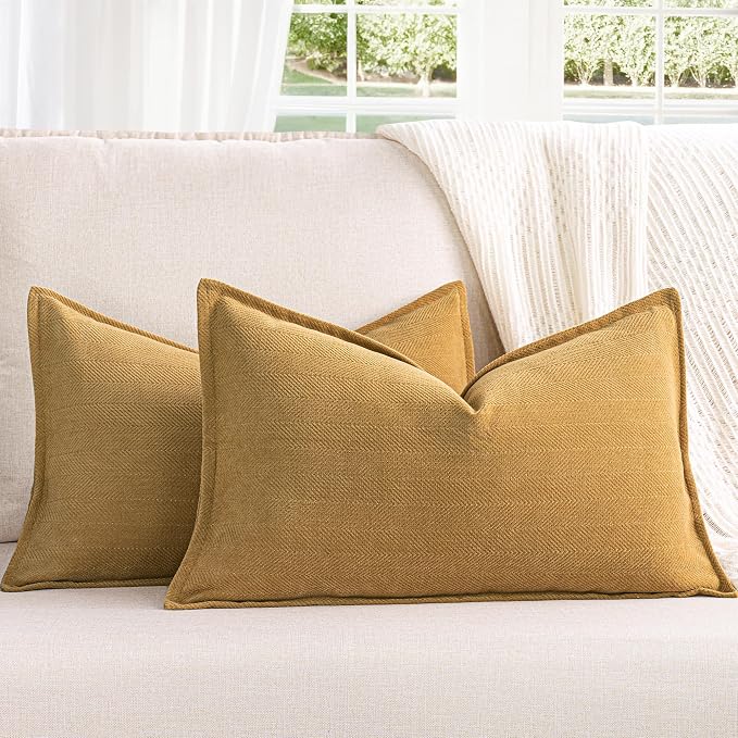 Mustard Yellow Throw Pillow Covers 12x20 Set of 2 Chenille Pillow Covers with Elegant Design Soft and Luxurious Decorative Throw Pillows for Couch, Bed, and Home Decor