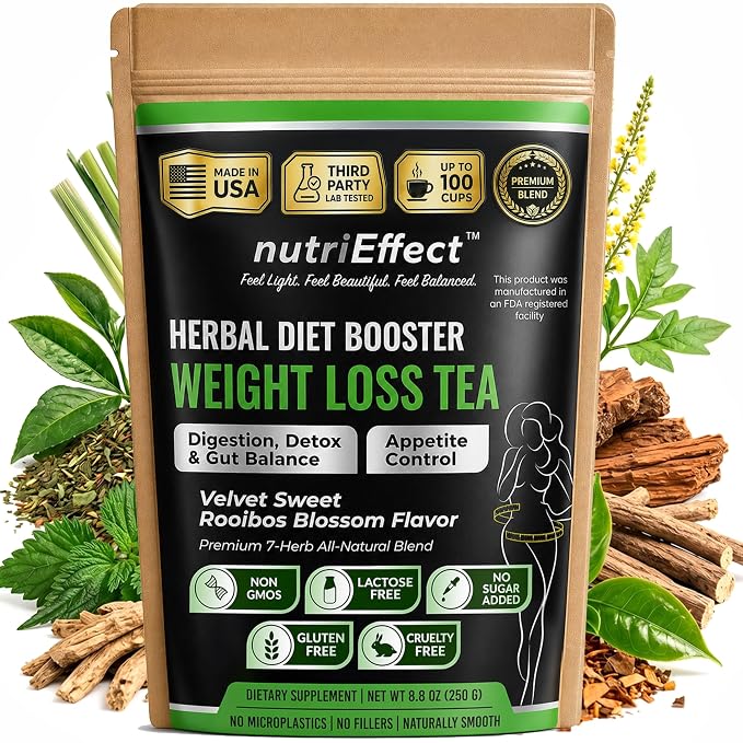NutriEffect 7-Herb Herbal Tea Blend – Up to 100 Cups | 250g (8.8 oz) Loose Leaf Tea – Rooibos, Yerba Mate & Nettle Blend – Smooth & Naturally Refreshing
