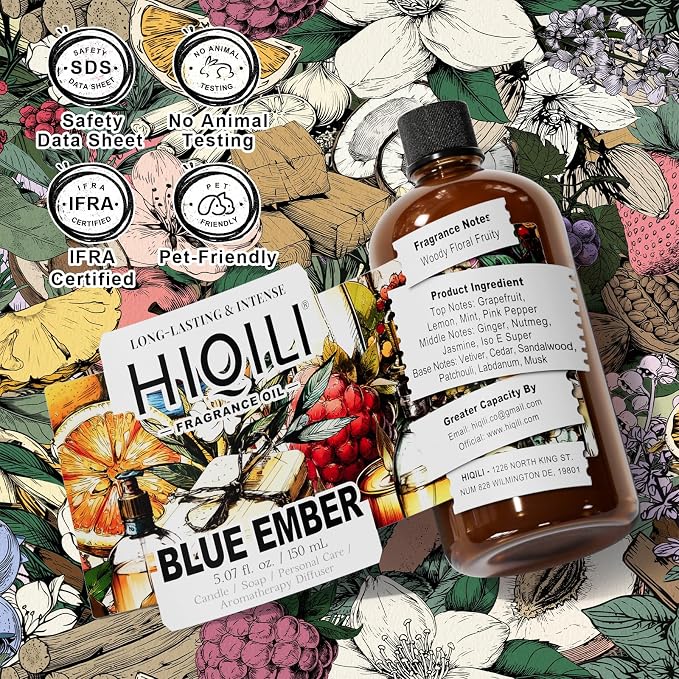 HIQILI Blue Ember Fragrance Oil for DIY Perfume, Body Wash & Candle Making, Long-Lasting Scents for Skin & Hair Care Products, Gifts - 5.07 Fl Oz