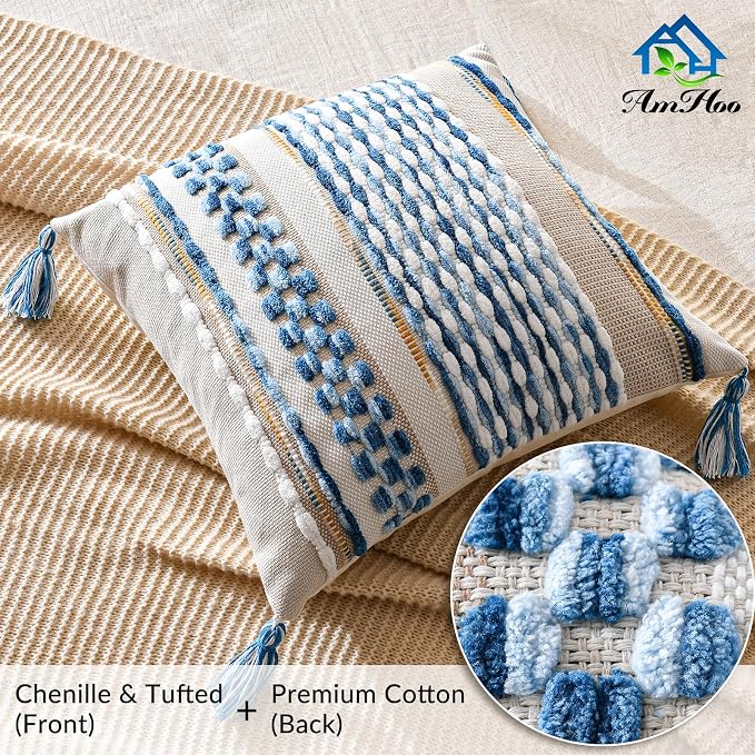 Set of 2 Chenille Striped Textured Boho Throw Pillow Covers Aesthetic with Tassels Woven Decorative Pillow Case for Couch Bed Sofa Bedroom Modern Funky 18 x 18-Inch Sky Blue