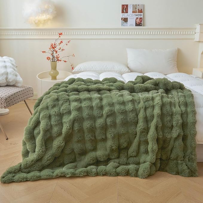 LIFEREVO Luxury Fluffy Faux Rabbit Fur Throw Blanket 60x80, Sage Green | Plush Fuzzy Bubble Lap Throw for Couch Sofa Office, Soft Moss Furry Bed Blanket Home Decoration, Washable & Skin-friendly