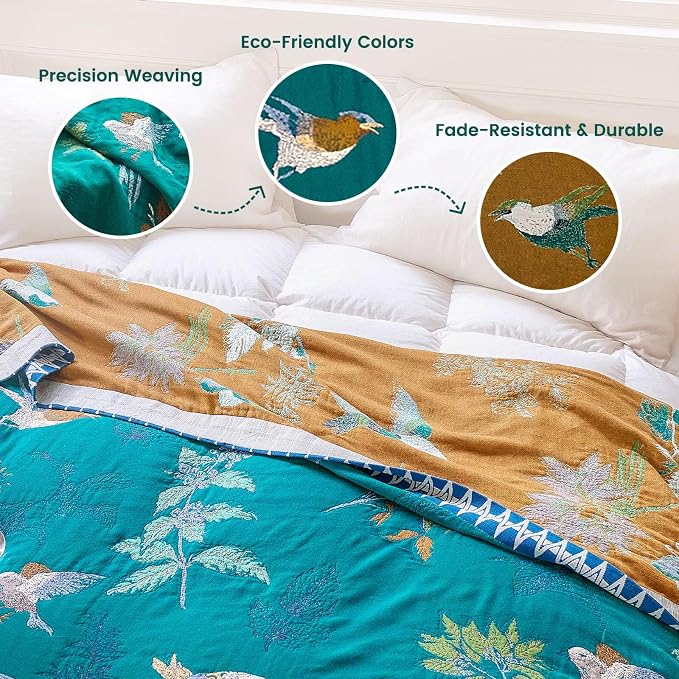 MSGKV Boho Throw Blanket 50"x60" Aviary Botanical Cotton Throw Blanket | Aviary Botanical Pattern, Muslin Throw, Reversible Woven, Lightweight Comfort, Decorative Home Accent, All Season Use