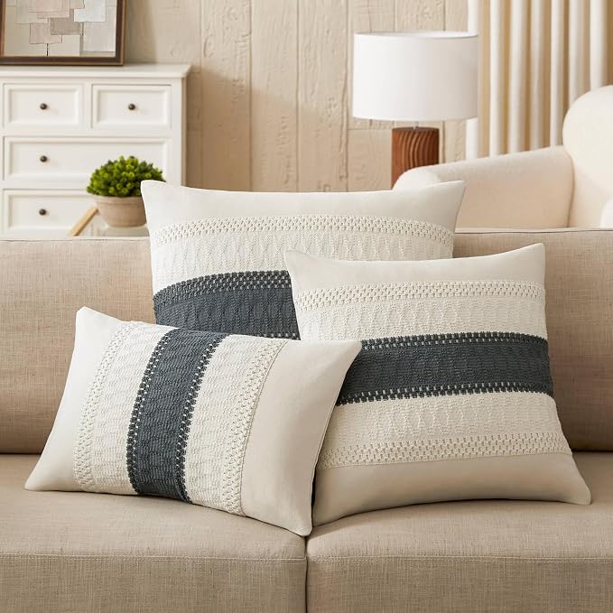 2 Pack Boho Throw Pillow Covers, Contrast Charcoal 16x16in | Soft Breathable Cotton, Farmhouse Decorative Couch Pillow Cases, Cushion Covers for Sofa Bed Living Room Home Decor