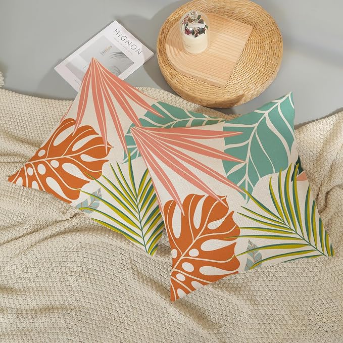 Summer Tropical Pillow Covers 18x18 Set of 2, Monstera Palm Leaf Pillowcase Green Orange Botanical Coral Summer Throw Pillows Outdoor Decor Farmhouse Cushion Case Linen Decorative for Home
