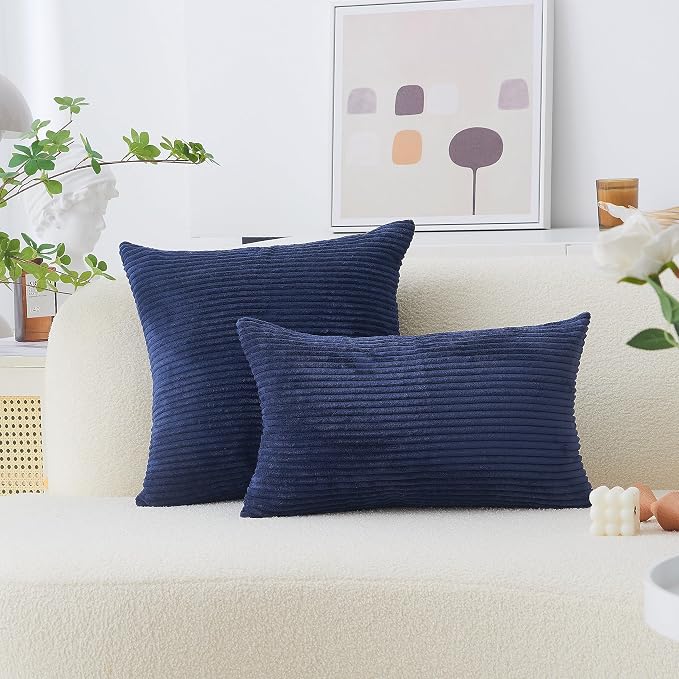 Home Brilliant Square Decorative Pillow Cover Dark Blue Solid Plush Pillow Case 20x20 Corduroy Striped Throw Pillow Cover for Sofa Couch Bed, 20 x 20 inch (50cm), Navy Blue