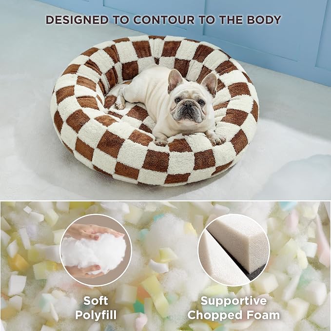 Lesure Shown on TV Jacquard Donut Dog Beds Medium Sized Dog,Brown 30x30x8in | Orthopedic Calming Pet Bed Sofa, Original Design Pattern,Washable Cover,Cute Home Decor as Gift for Pet,Anti Slip Bottom
