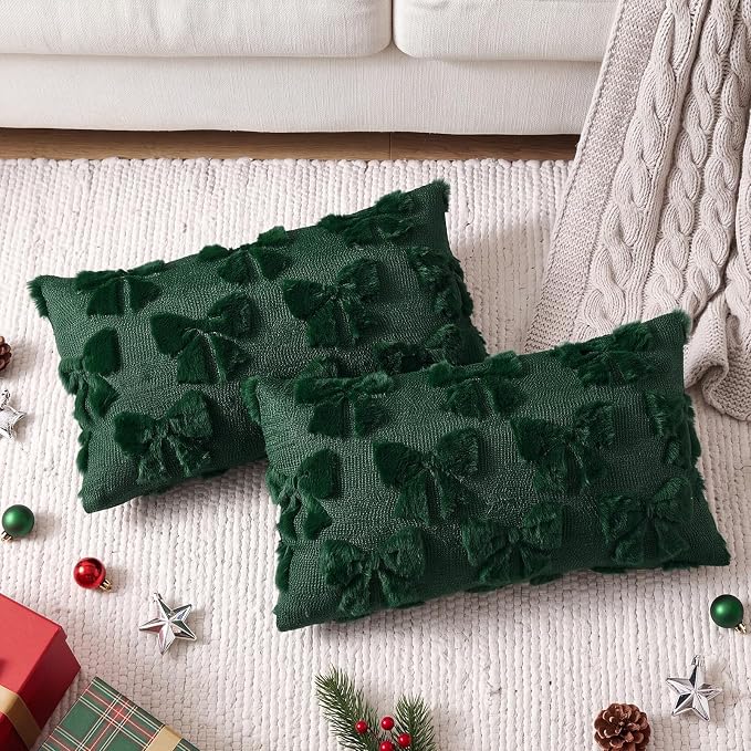 Mixweer Green Bow Pillow Covers Set of 2 Preppy Room Decor Coquette Cute Spring Summer Decorative Faux Fur Soft Bowknot Stuff Fluffy Plush Aesthetic Pillowcase for Bed Sofa Couch (12 x 20 Inch)