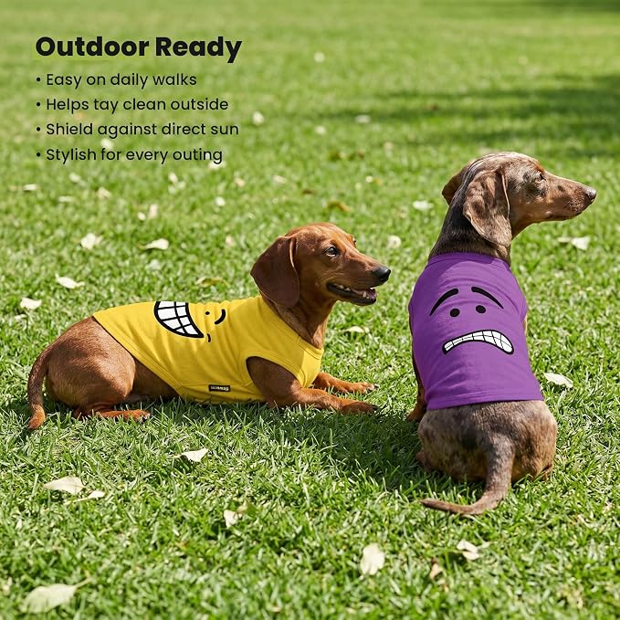 Fitwarm 2 Pack Happy Scary Expression Dog Shirt, Funny Clothes for Small Dogs Boy Girl, Pet Outfit, Yellow, Purple, XXL