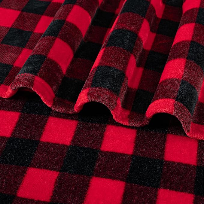 PAVILIA Black and Red Buffalo Plaid Fleece Bed Blanket King Size, Soft Checkered Flannel Blanket for Sofa, Plaid Christmas Couch Throw Bed, Warm Cozy Decorative Blanket Fall Decor Gift, 90x90