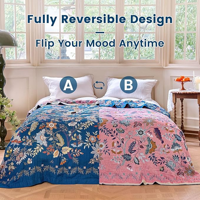 MSGKV Boho Throw Blanket 60"x80" 100% Cotton Twin Floral Throw for Couch | 100% Cotton Throw, Twin Floral Pattern, Reversible Woven, Summer Breathable, Lightweight, Home Decor, Machine Washable