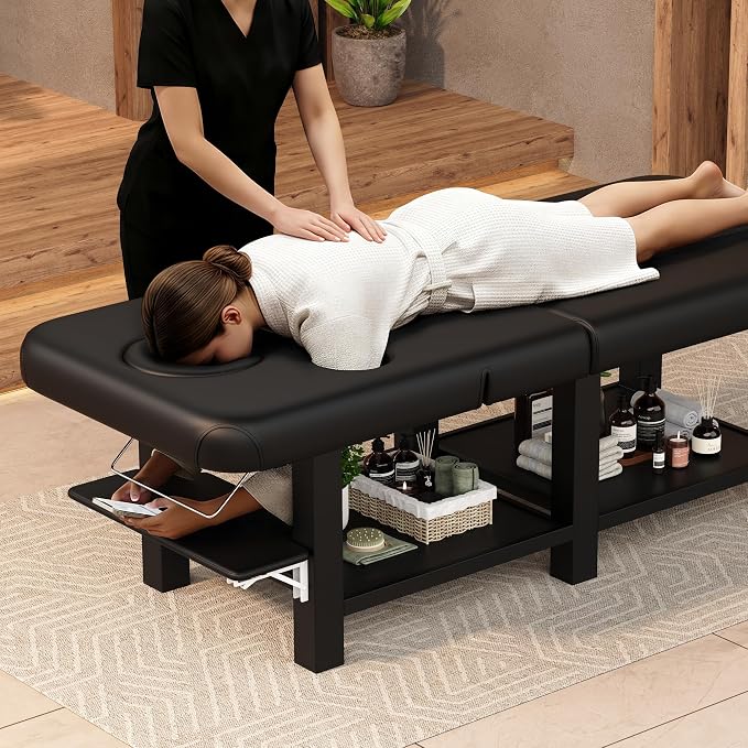 Extra Large 34''×80'' Folding Stationary Massage Table with Adjustable Backrest, Heavy-Duty Metal Frame PU Leather Treatment Bed for Spa, Physical Therapy, Tattoo, Facial & Medical Exam - Black