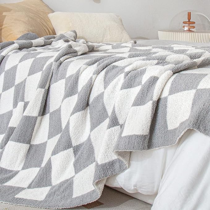 SeaRoomy Fuzzy Checkered Throw Blanket for Couch,Light Grey 51"X63" | Warm,Cozy,Fluffy,Lightweight,Gift for Women Couch Sofa Bed Room Decor