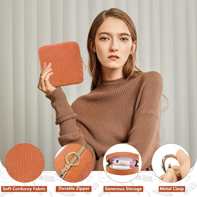 Period Bag for Girls, Corduroy Period Kit with Sanitary Pad Pouch, Menstrual Storage Bag and Tampon Holder for Purse, Girls School Essentials,Feminine Care Organizer(Orange)