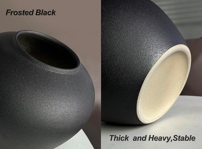 GeLive Black Ceramic Vase 7 Inch Round Farmhouse Rustic Flower Vase for Fresh/Dried Plants Table Centerpiece Minimalist Home Decor Handmade Pottery Planter Pot