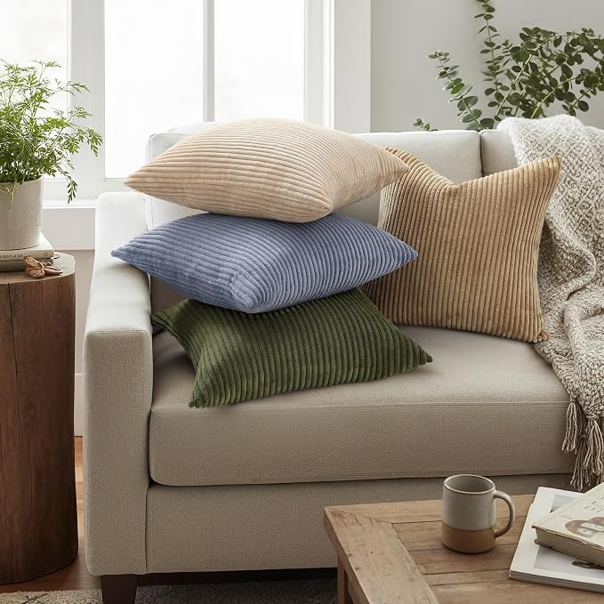 Mecatny Corduroy Decorative Throw Pillow Covers 24x24 Set of 2 Blue Grey | Soft Striped Texture, Hidden Zipper Design, Neutral Boho Square Pillow Cases for Sofa Couch Living Room Bedroom, Home Décor
