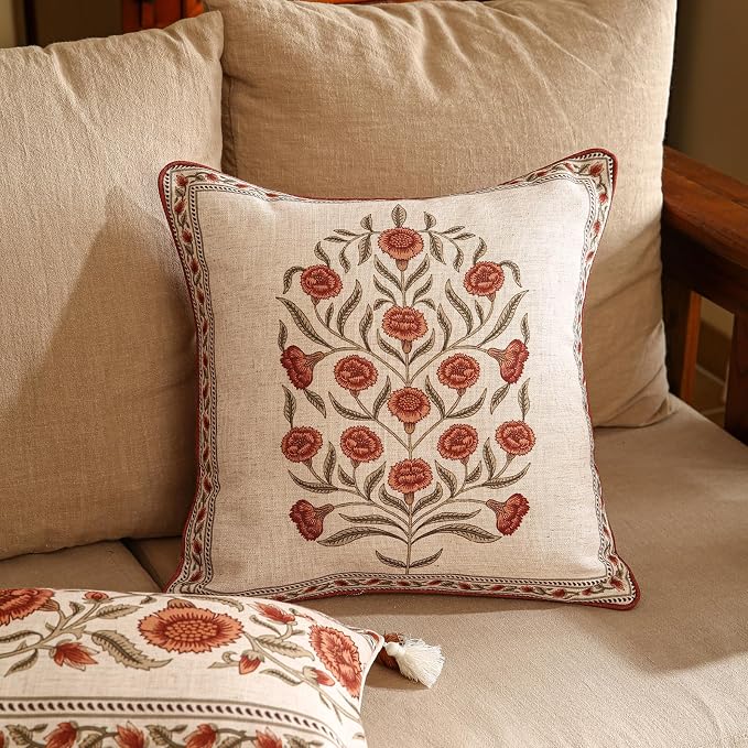 Designer Vintage French Linen Throw Pillow Cover,18"x18"-Albano B | Elegant Square Pillow Cover,Concealed Zipper Design,Floral Pattern,Sofas,Bedroom,Living Room,Lounge Chairs,Decor