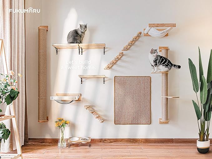 FUKUMARU Wall Mounted Cat Hammock | Wooden Kitty Beds and Perches Stable Cats Shelves For Sleeping, Playing, Climbing, Lounging