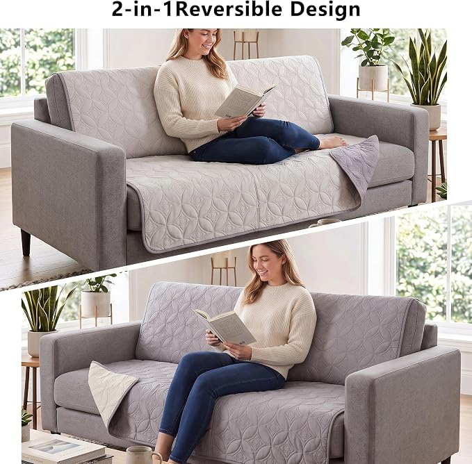 Waterproof Couch Cover for Dogs - Washable Pets Furniture Protector | TPU Leak-Proof Liner, Lightweight & Reversible, Fits Chair, Sofa, Bed, 82" x 120" , Lightgrey/Cream
