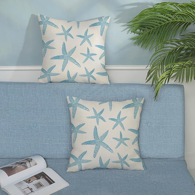 Blue Starfish Pillow Covers 18x18 Set of 2 Coastal Throw Pillows Spring Summer Nautical Ocean Theme Beach Decorative Pillow Cases Farmhouse Linen Outdoor Decor Cushion Case for Home Bedroom