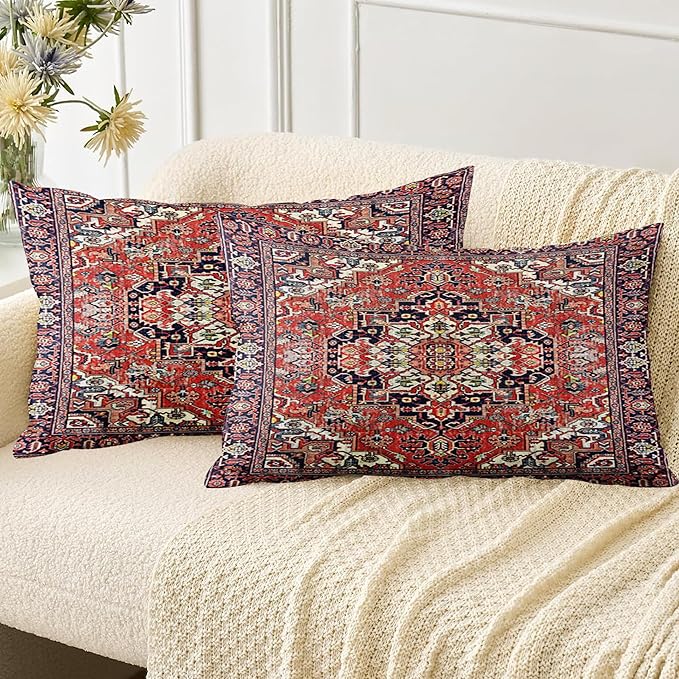 Boho Throw Pillow Covers 12x20 inch Set of 2,Soft Pillowcases Bohemia Carpet Printing Pattern Decorative Sofa Living Room Bed Rectangle Pillow Case Cushion Cover-Red