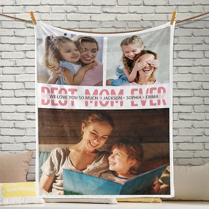 Custom Mom Blanket with Photos, Personalized Best Mom Ever Gifts | Customized Mother's Day Blanket, Personalized Christmas Birthday Gifts for Mom from Daughter