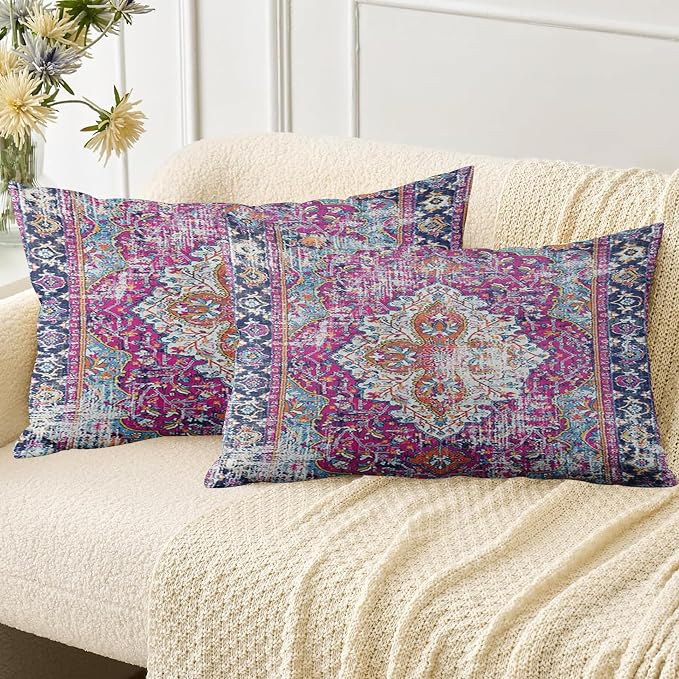 Boho Throw Pillow Covers 12x20 inch Set of 2,Soft Pillowcases Bohemia Carpet Printing Pattern Decorative Sofa Living Room Bed Rectangle Pillow Case Cushion Cover-Purple