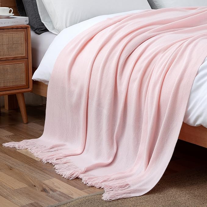 Vonty Pink Knitted Throw Blanket with Tassels Fringe, 60x80 Acrylic | Super Soft And Lightweight, Year-Round Cozy Warmth, Farmhouse Decorative Style, Machine Washable, for Couch, Sofa or Bed