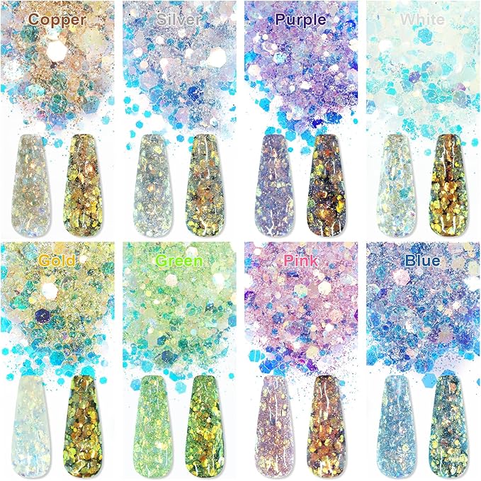 Laza 8 Colors Nail Art Glitter Diamond Dust Iridescent Nail Powder Chunky Glitter Confetti Foil Flakes Sequins for Nail Art Supplies, Gel Polish, Mermaid Makeup, Body, Resin — Glittering Iridescence