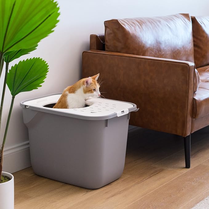 IRIS USA Large Top Entry Cat Litter Box with Lid, Enclosed Covered Cat Litter Box for Indoor Cats, Dog Proof Design, Odor Control, Litter Tracking Reduction, Scoop Included, Gray/White