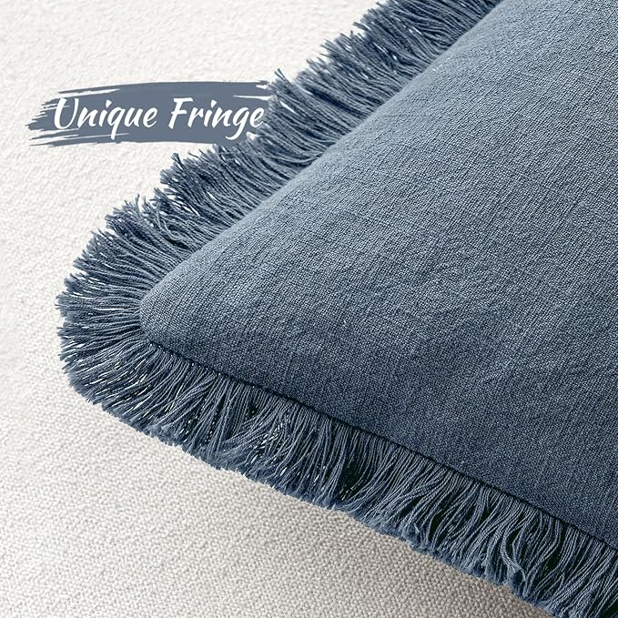 MIULEE Boho Linen Fringe Decorative Throw Pillow Covers Blue Ashes 18x18 | Set of 2, Cottagecore Decor, Boho Farmhouse Coastal Pillow Covers, Rustic Couch Cushion Cases for Sofa Bed Living Room