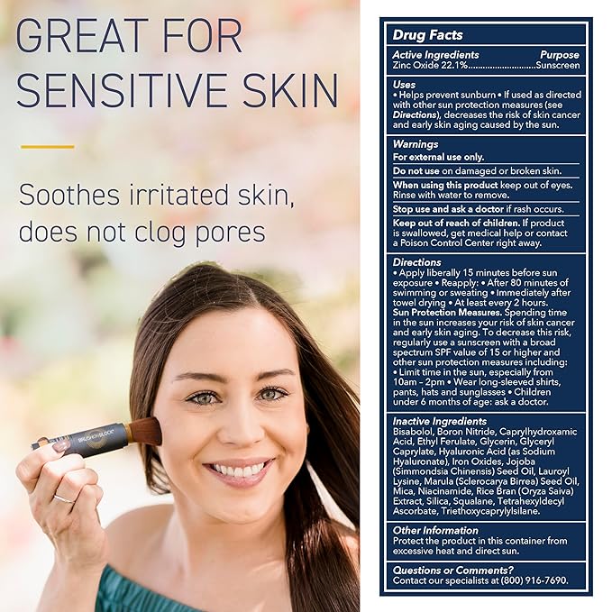 Brush On Block SPF 30 Mineral Powder Sunscreen New Formula, With Niacinamide, Hyaluronic Acid, & Vitamin C, Broad Spectrum, Water Resistant, Translucent, For All Skin Types, Reef Friendly, Mfg in USA