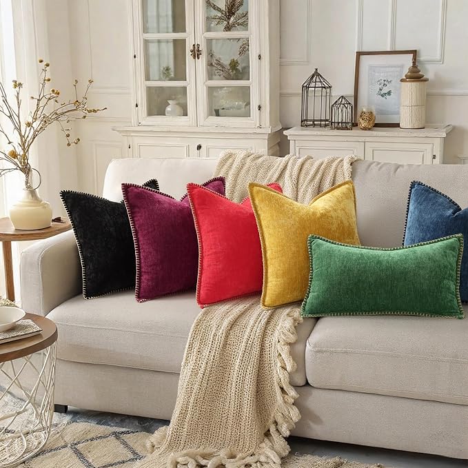 decorUhome Soft Chenille Throw Pillow Covers 12x20 Set of 2 Rhododendron | Fall Textured Decorative Throw Pillow Cases Stitched Edge Modern Farmhouse Luxury Boho Velvet for Couch Sofa Bed Home Decor