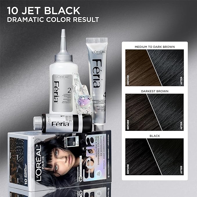 L'Oreal Paris Feria Multi-Faceted Shimmering Permanent Hair Color, High Intensity Hair Dye for 3X Highlights, 10 Jet Black, 1 Kit (Pack of 2)