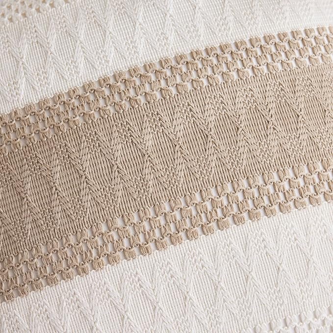 2pk Boho Pillow Covers 18x18, Natural White/Contrast/Taupe | 100% Organic Cotton Body, Stripe Embroidery, Farmhouse Decorative Cushion Covers for Sofa Bed Living Room Home Decor