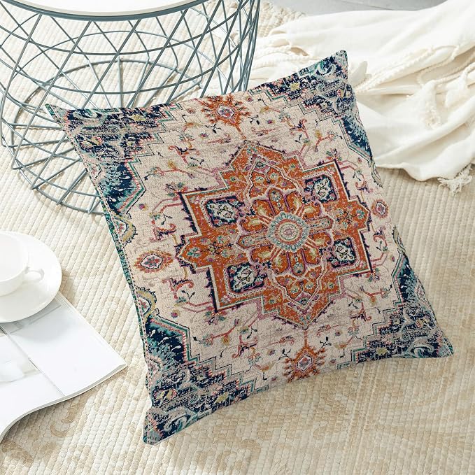 AEIOAE Boho Pillow Covers 18x18 Inch Set of 2,Carpet Pattern Throw Pillows Case,Navy Blue Orange Ethnic Design Outdoor Decorative Square Linen Farmhouse Decor Cushion Covers for Home Sofa Bed Couch