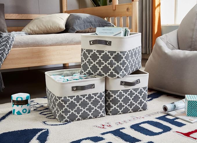 DECOMOMO Storage Bins, Large Fabric Storage Baskets for Shelves 3 Pack | 15 x 11 x 9.5 inches Decorative Linen Closet Organizers with Handles(Grey Patterns)