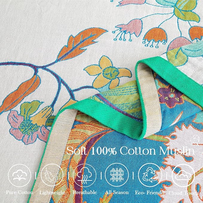 XIBLC Summer Throw Blanket, 60"x80" Reversible Bohemian Flower Blanket, 100% Cotton Muslin Breathable Woven, Farmhouse Decorative Throw Blanket