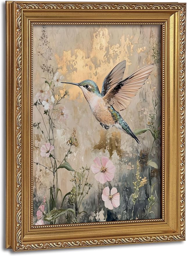 Vintage Gold Framed Wall Art Hummingbird Canvas Prints 12x16in | Living Room, Home Decor, Floral Gold Foil Style Painting, Bedroom Wall Decor, Gifts for Friends or Family