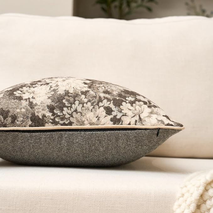 Neutral Floral Pillow Cover 20 x 20 Inches, Vintage Chenille Square Throw Pillow Cover Soft Decorative Farmhouse Accent Couch Pillow Cover for Living Room Bedroom, Grey