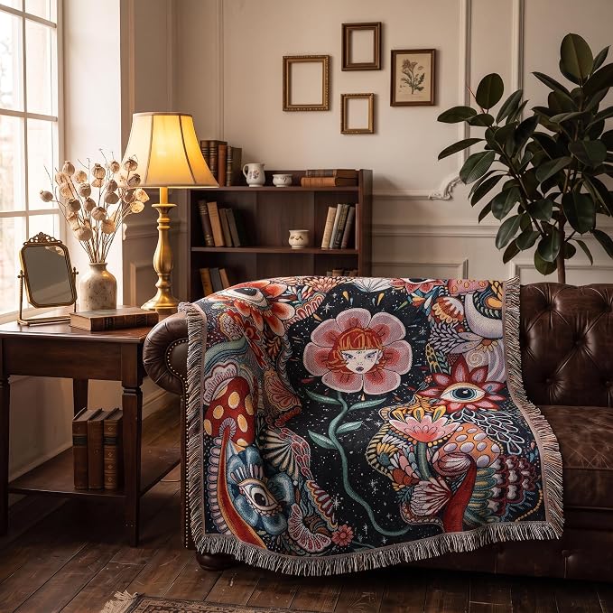 Hippie Flower Cotton Woven Boho Throw Blanket for Couch Bed Chair Lounge Hippie Room Decor Reversible Whimsical Throw Blanket Witchy Room Decor Throws Bed Spread Outdoor Camping Blankets 51x59 Inches