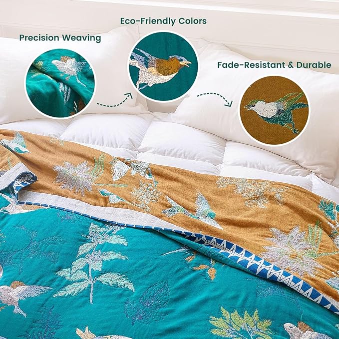 MSGKV Boho Throw Blanket 60"x80" Aviary Botanical Cotton Throw Blanket | Aviary Botanical Pattern, Muslin Throw, Reversible Woven, Lightweight Comfort, Twin Size Blanket, Decorative Home Accent