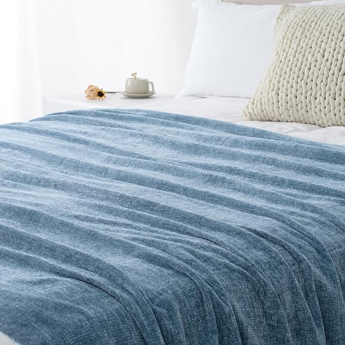Chenille Throw Blanket for Couch 50" x 60", Dusty Blue | Soft Cozy Warm Throws with Fringe Tassel, for Living Room Bed Sofa Chair Cover, Lightweight Knitted Decorative Boho Blankets