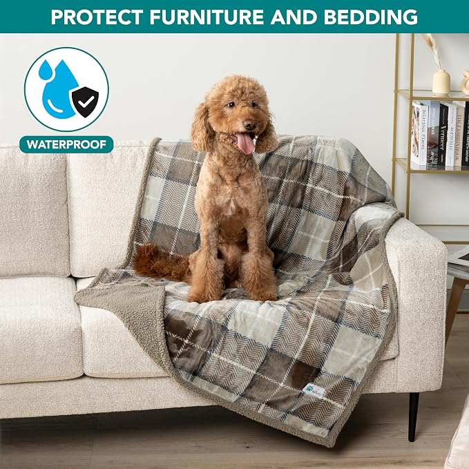 PetAmi Waterproof Dog Blanket for Large Dog Cat Pet, 60x80, Plaid Taupe | 460 GSM Sherpa Fleece Reversible, Pee Proof, Furniture Protector Cover for Couch Sofa Bed Kennel, Washable, Extra Large