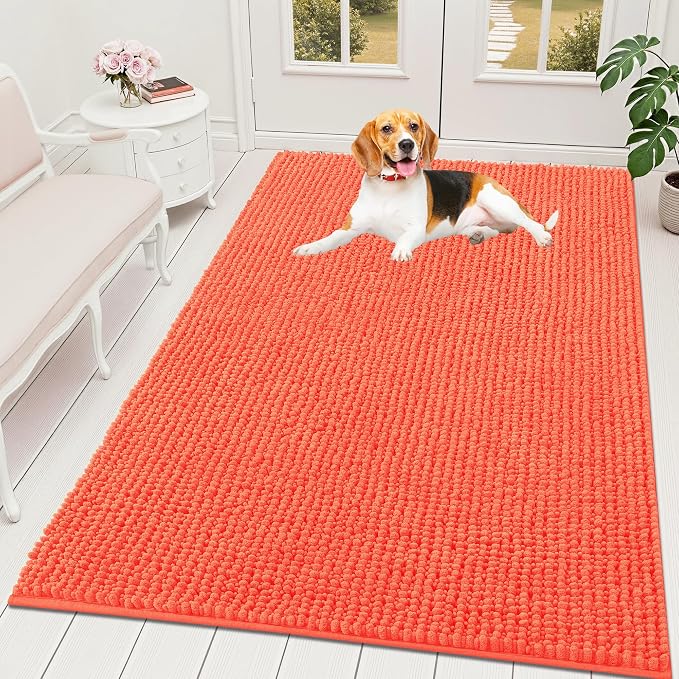 OLANLY Dog Door Mat for Muddy Paws 59x35, Extra Absorbent Chenille Mud Mat | Coral, Absorbs Moisture and Dirt, Non-Slip Machine Washable Doormat, Quick-Drying Indoor Entryway Floor Mat for Dogs